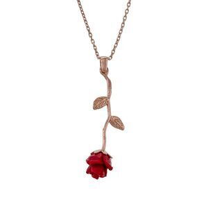 Vintage Sterling Silver 925 Rose Gold Tone Red Resin Rose Dangle Pendant 20"
